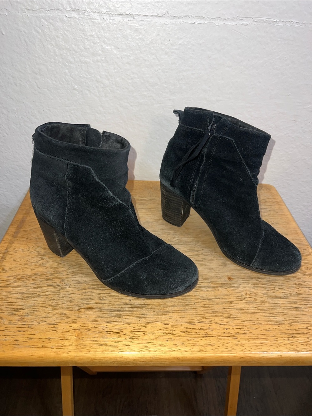 TOMS Black Suede Ankle Boots with Block Heel